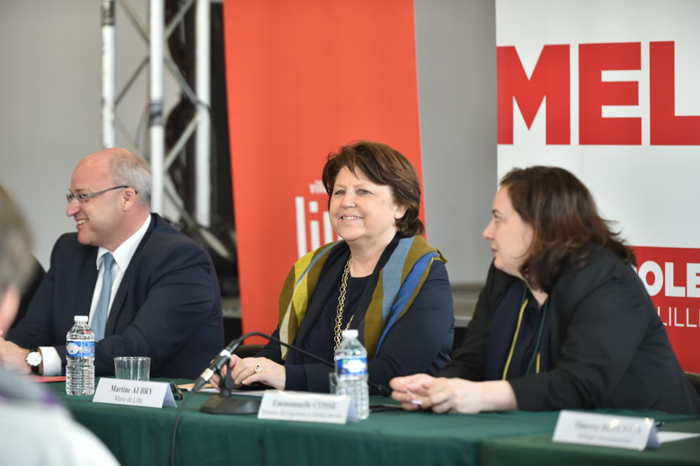 Damien Castelain (président de la MEL), Martine Aubry et Emmanuelle Cosse (ministre du Logement), le 17 mars.