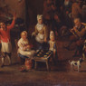 Détail d'une peinture du XVIIe siècle ooù l'on voit un stand de gauffres et des gens en liesse