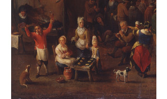 Détail d'une peinture du XVIIe siècle ooù l'on voit un stand de gauffres et des gens en liesse