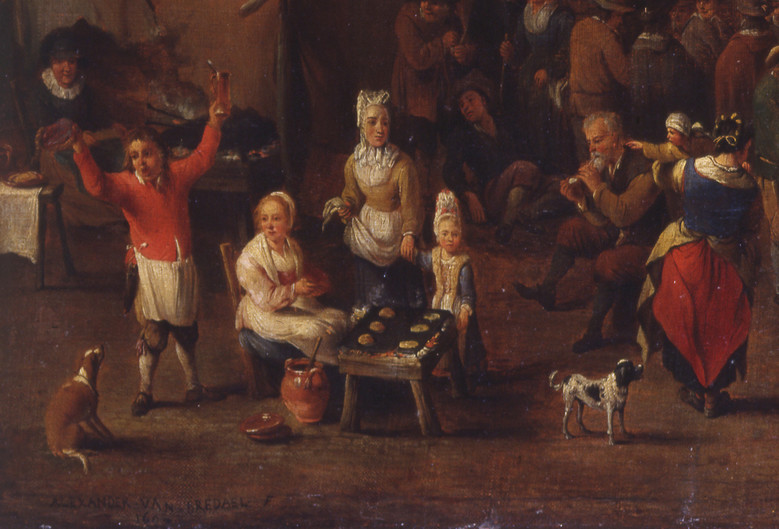 Détail d'une peinture du XVIIe siècle ooù l'on voit un stand de gauffres et des gens en liesse