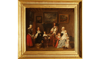 Peinture représentant une famille du XVIIe siècle autour d 'une table